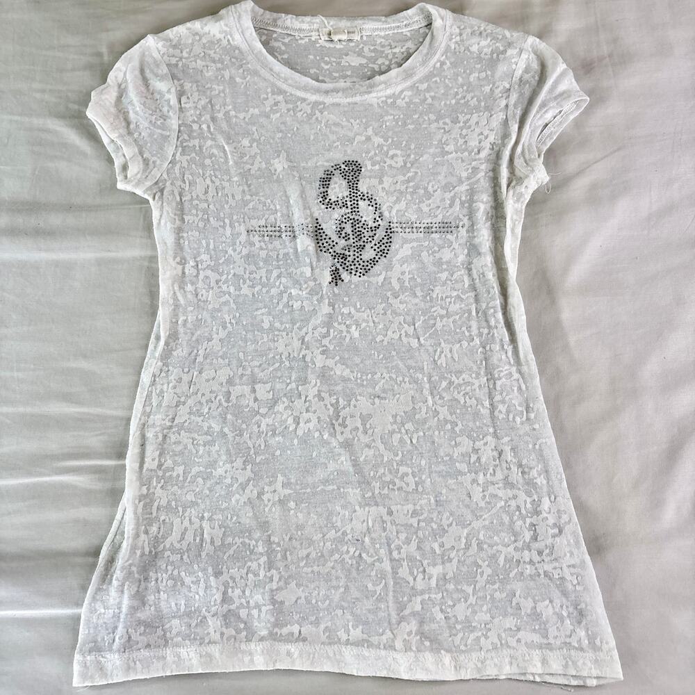 Y2K Burnout Sheer Graphic Tee White Shirt Zenana Outfitters Small